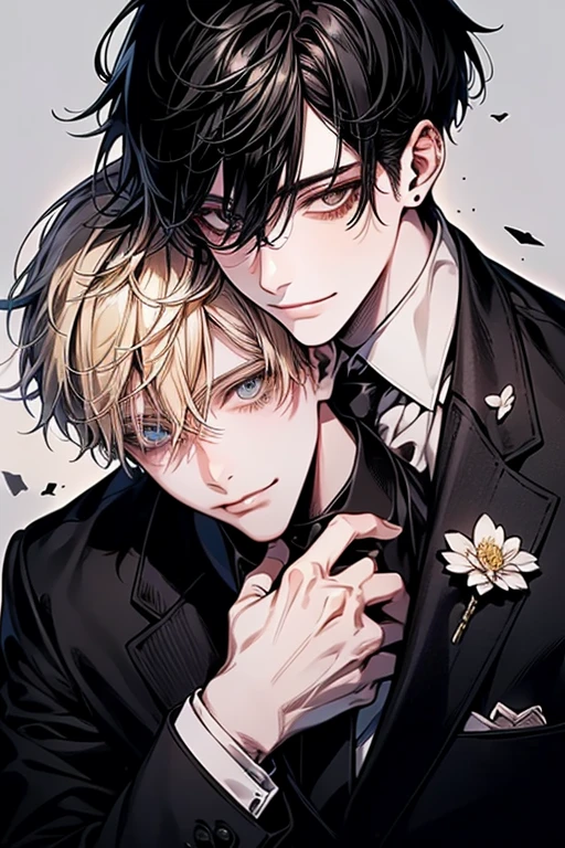 (Flying debris), (highest quality), Very detailed, ((Two men)), Perfect Face, Beautiful Face, Very detailed顔，(Black Haired Man:1.3)，(Blond man:1.3)，suit，shirt，smile，flower、Monochrome、Line art