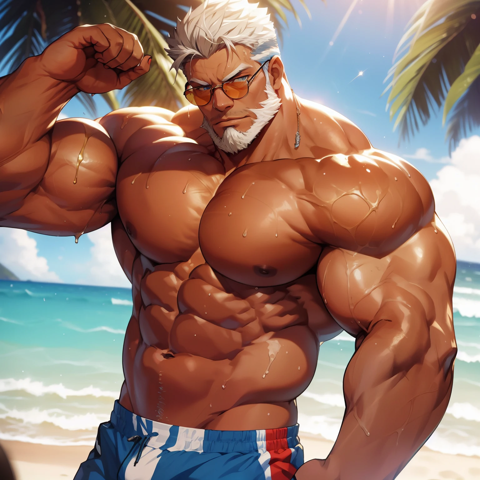 A handsome aegir at the beach, muito lascivo, imponente, Vista lateral, below pov, corpo inteiro, 50 years old, grey short hair , thick grey beard, dark oliva skin color, peitorais largos, peitorais enornes, hair chest, pose sensual, rindo do espectador, wearing a tight white tank top and a tight speedo, sunglasses, wet body, bare arms, big bulge, thick thights, Obra-prima maravilhosa altamente detalhada, beautiful cinematic light deep focus, elegante, Pintura digital, sementes, sharp focus, golden ratio, dramatic lighting, 8k