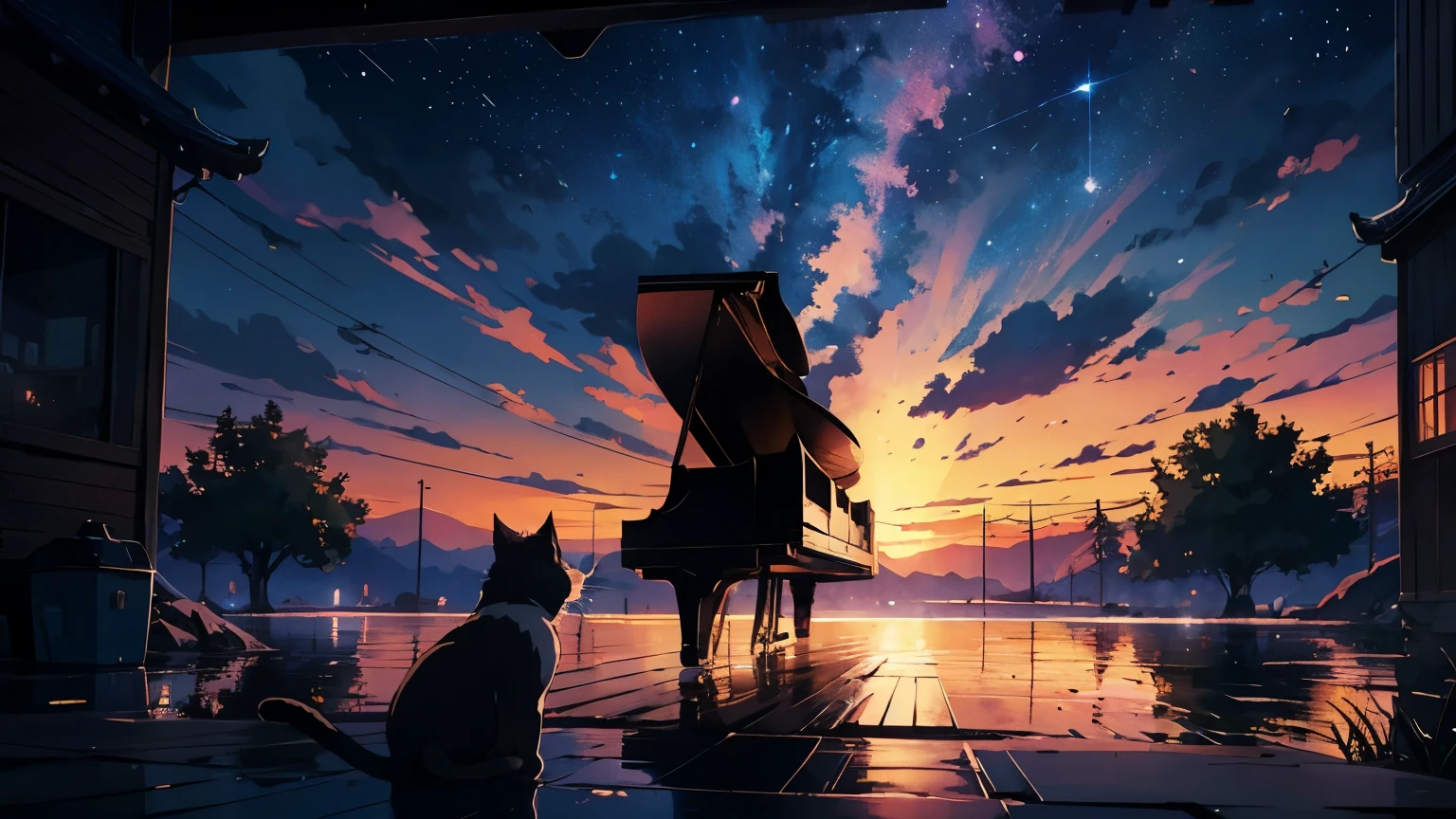 High quality masterpiece, landscape, There is a grand piano。The piano is made of old wood.、An appearance that evokes a long history。There is no one。The cat is sleeping。A moonlit night of silence、満月が銀colorの光を柔らかく地上に投げかける。The night sky is cloudless、With the stars twinkling、The moonlight has an overwhelming presence。ピアノの下にはThe cat is sleeping、 Pixiv, Concept Art, Lofi Art style, reflection. by makoto shinkai, Lofi Art, Beautiful anime scene, break Anime landscape, detailedなlandscape —幅672, in Makoto Shinkai's Style, Makoto Shinkai's Style, 強化されたdetailed, break,detailed,Realistic,Highly detailed digital art in 4K,Octane Rendering, Bioluminescent, break 8K resolution Concept Art, realism,By Mappa Studio,masterpiece,highest quality,Official Art,figure,Clear lines,(nice_color),Perfect composition,Absurd, Fantasy,Concentrated,Three-part method