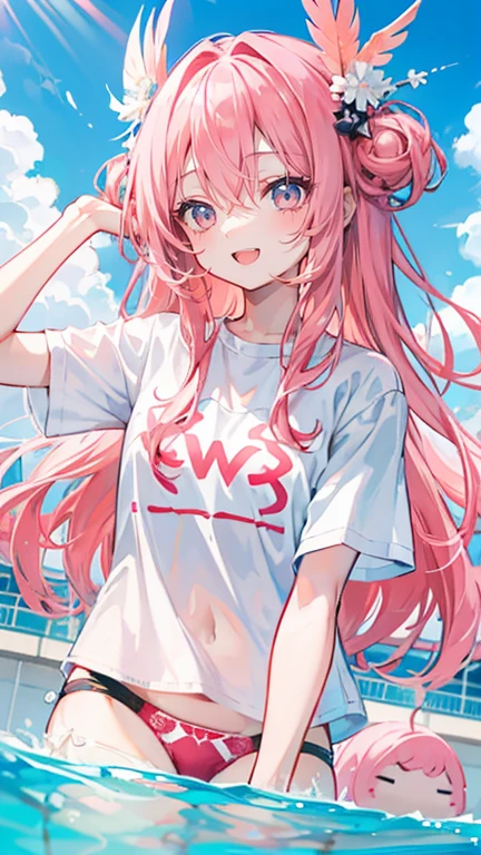 Coral pink hair，Long hair，hair over one eye，Gray eyes，feather hair ornament，cute，Girl，Laughing expression，，Happy and happy expression，White shirt，Briefs，Sit or stand on a swimming ring，whole body，Don't show your arms，The background is the swimming pool，Blue sky and white clouds