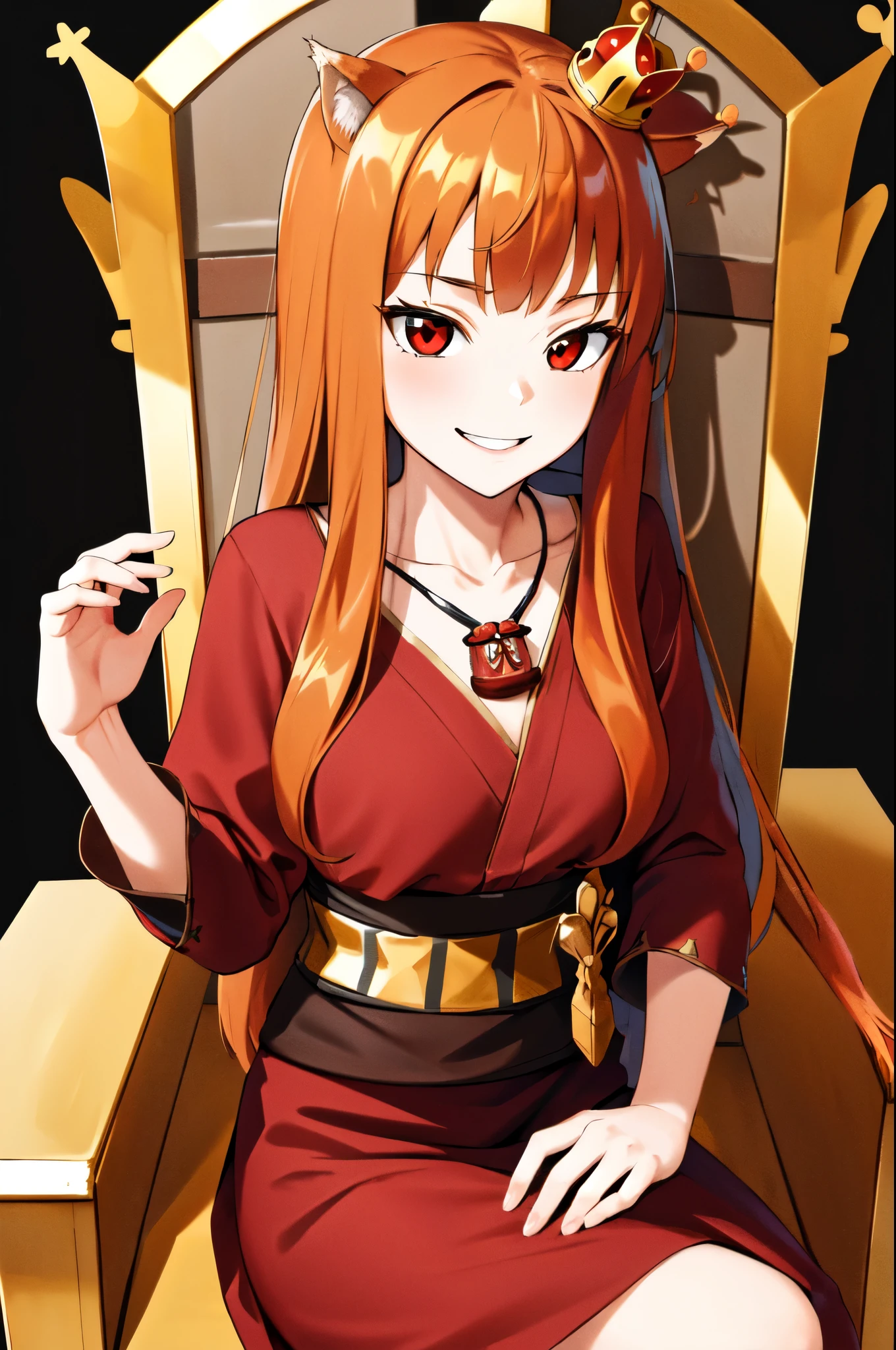 masterpiece, best quality, highres, 1girl, long hair, brown hair, animal ears, red eyes, (wolf tail), (crown:1.35), necklace, sash, pouch, smile, ((sitting on the golden throne)), (The background is a luxurious rich royal palace)