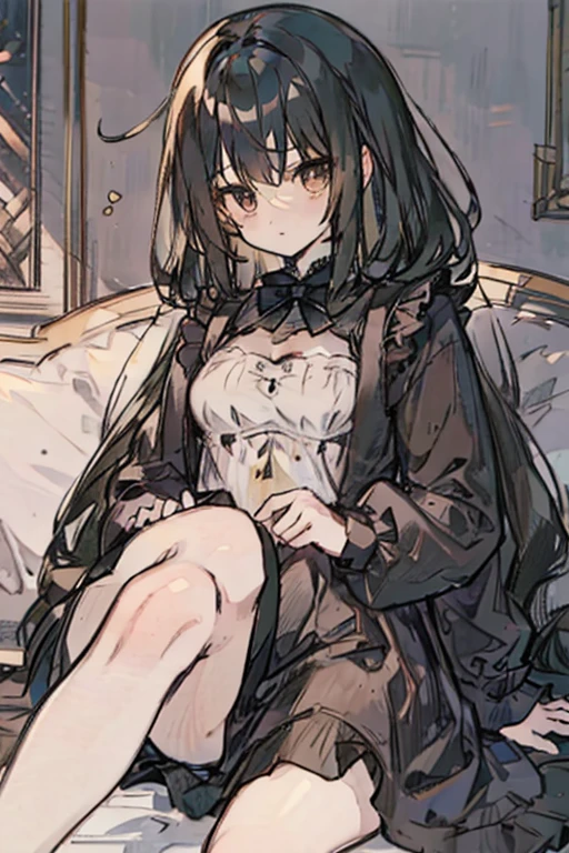 A black haired woman with brown eyes with an hourglass figure in a cute lolita dress is laying on a worn couch