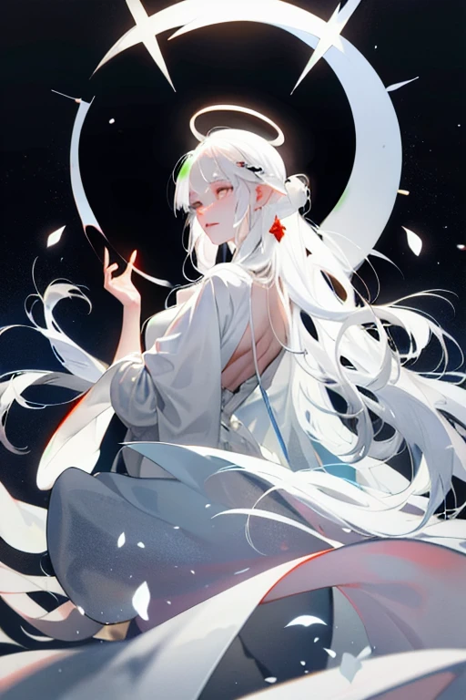 white hair, white eyes, no mouth, longs ears, medieval fancy clothes, goddes beauty, halo like figure of the back of her head full of opened black and white eyes, front faced, white glowing eyes