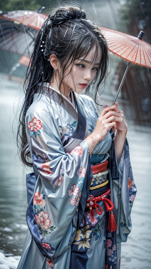 (RAW shooting:1.5, Photorealistic:1.5, 16k, highest quality, masterpiece, Ultra-high resolution), (heavy snow), Perfect dynamic composition:1.2, (On a cliff on a precipitous cliff, Great background, Expressions of sadness:0.9), Highly detailed skin and facial textures:1.3, Slim woman wet with rain:1.2, Buckshot, Fair skin:1.2, Mysterious portrait:1.1, Incredibly slim body:1.2, beautifully、aesthetic:1.1, Very beautiful face:1.2, Water droplets on the skin, (Rain dripping down on my body:1.1, Wet body:1.1, Wet Hair:1.1), (Professional kimono dressing:1.1, With a wet bouquet:1.2, The correct way to wear a wet silver kimono:1.3), (Shapely breasts, Chest gap), (Beautiful erotic eyes:0.8, Beautiful, erotic lips:0.8), (Too erotic:0.9, Fascinating:0.9), necklace, Earrings, bracelet