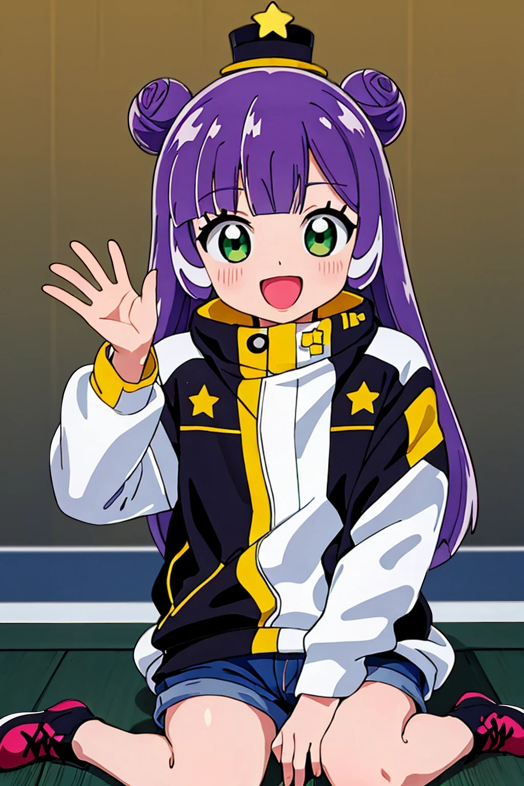 (masterpiece:1.3),(highest quality:1.4),(Super detailed:1.5),High resolution,an extremely delicate and beautiful,Official Art,Perfect Anatomy,anime screencap,anime coloring,8K,((solo:1.52)),
1990s \(style\),retro artstyle,anmnr,
((puniru:1.52)),,,slime girl,light purple hair,long hair,grey gradient hair,multicolored hair,blunt bangs,double bun,blue hair,green eyes,star (symbol),mini top hat,jacket,shorts,sneakers,shoulder bag,1girl,solo,:d,looking_at_viewer,posing,sitting,