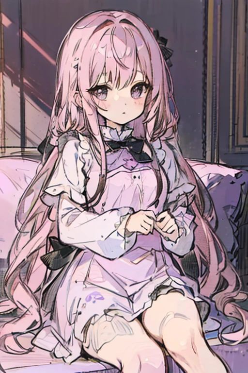 A pink haired woman with violet eyes with an hourglass figure in a cute ta dress is laying on a worn couch