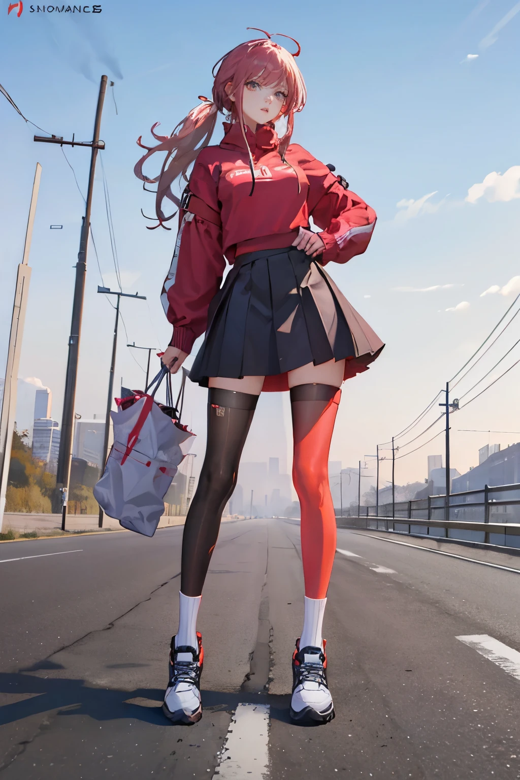 Beauty all over the body，Long legs，Tall and tall， in red sweater，black lence stockings，athletic sneakers，Stand head-on，a skirt，highway background