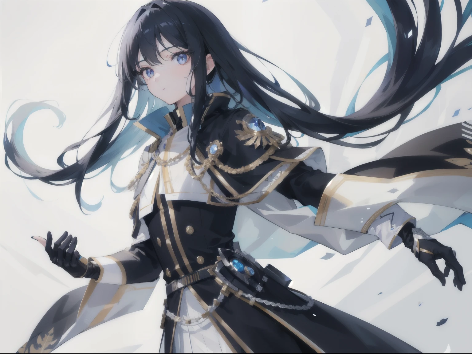 girl,Long Black Hair, The inside of the hair is blue、Iris,White coat,uniform、masterpiece, highest quality, Super detailed, Downcast eyes,Tabletop, highest quality), (Perfect athletic body:1.2),8K High Resolution, Trend Art Station, White Background, Standing in the Wilderness,whole body、Crow-shaped gauntlets