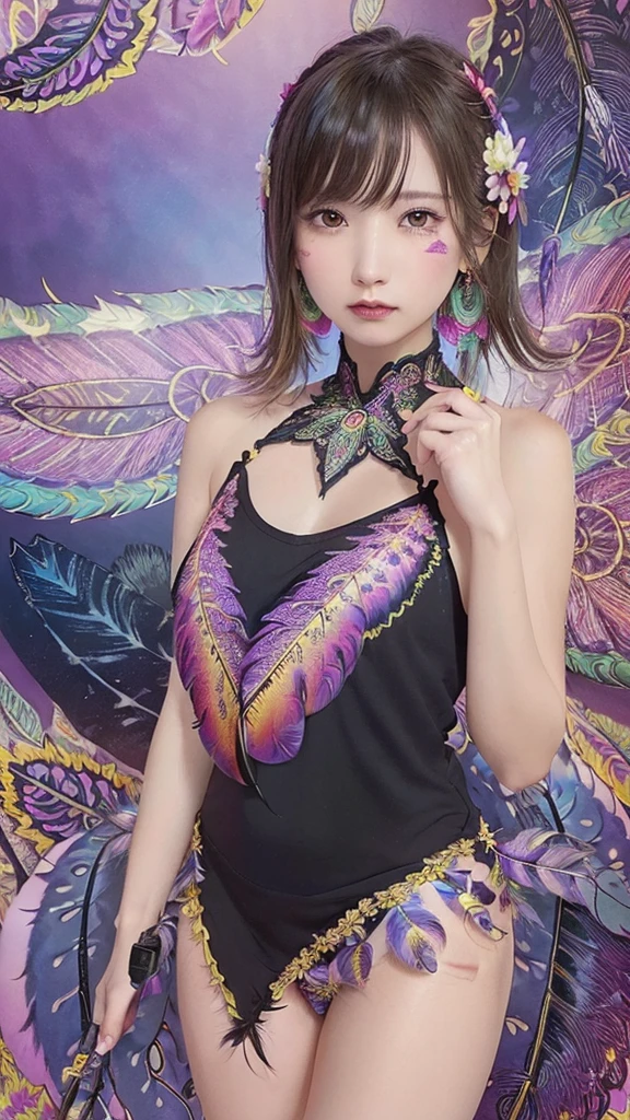 (Official Art, beautifully、aesthetic:1.2), (One girl:1.3),(Fractal Art:1.1),(colorful:1.1)(Flowers:1.3),Most detailed,(Zentangle:1.2), whole body, (Abstract background:1.3), (Shiny skin), (Many colors:1.4), ,(Earrings), (feather:1.5),