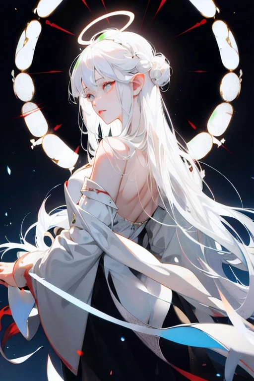 white hair, white eyes, no mouth, longs ears, medieval fancy clothes, goddes beauty, halo like figure of the back of her head full of opened black and white eyes, front faced, white glowing eyes