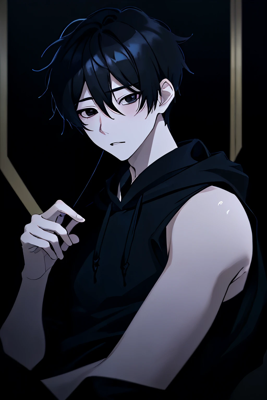male_focus, 1other. 1boys. short_hair. solo. illustration, messy_room. hikikomori. ecstasy_face. hoodie. dull eyes. dark atmosphere. gloomy, dreary, dark. dull. eyes without light. dark room. black short hair. gloomy. dark atmosphere. lifeless eyes. face only. black eyes without light. pale and thin body. dismal man.  plain black hoodie. face only. Nerd. Hikikomori. dark circles. Dark circles. excitement. face. shy face. dark circles thickly. blush. face. Perverted. {{검정색 더벅머리를 가진 dismal man 한 명}}. dismal. Black pupil. eyes without light. face only.