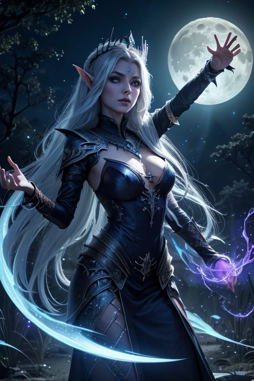 (Best quality, highres), Beautiful Banshee Queen, beautiful undead Elven Queen, dancing, bright light of the full moon, (magical, mystical:1.1) sparks.