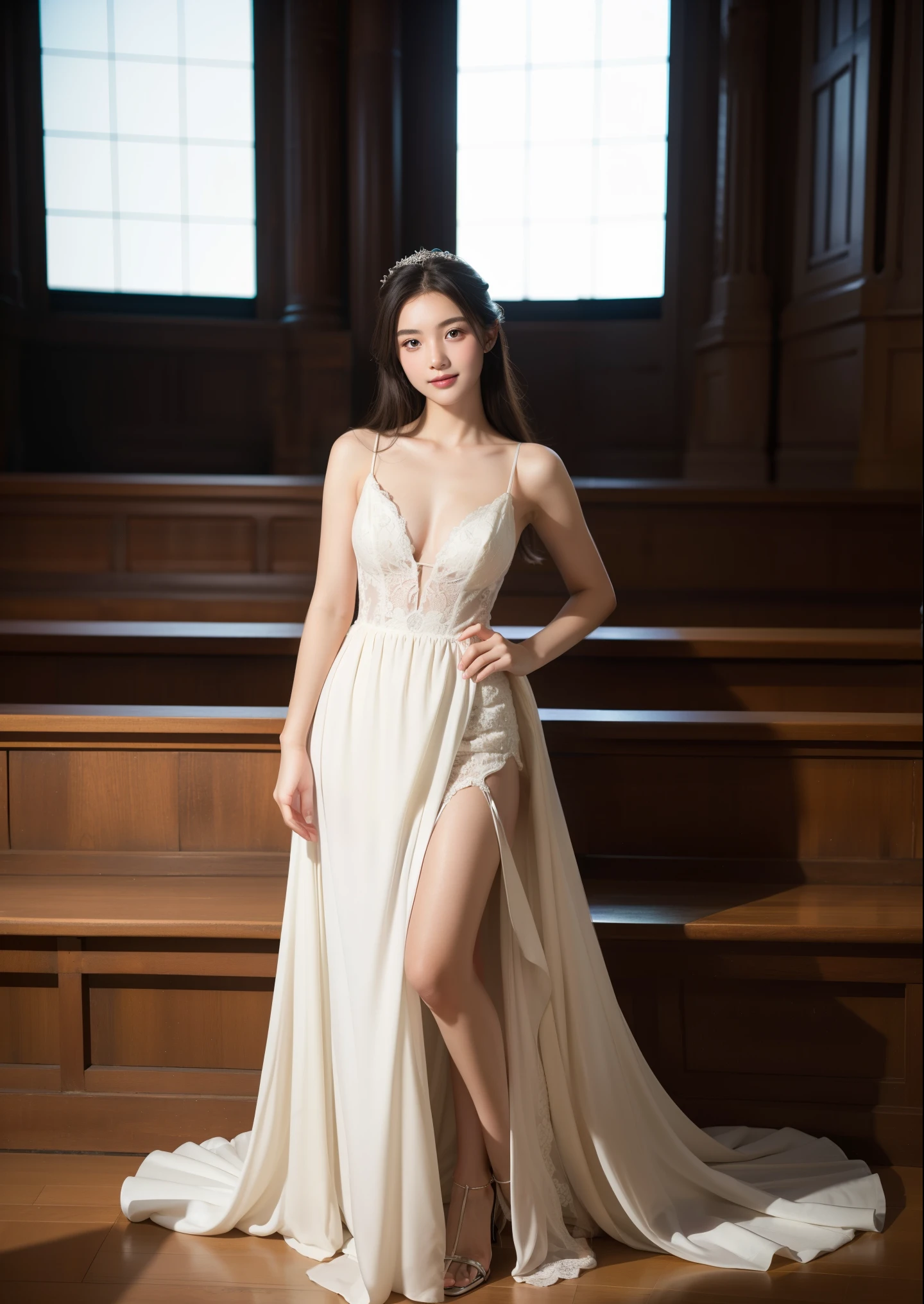 Beautiful 17 year old woman。She is wearing a wedding dress. She is smiling on illuminated by the evening church lights . romantic sunset. her dark brown hair. High resolution、masterpiece、highest quality、頭w:1.0、((Hasselblad Photos))、fine skin、(movie lighting)、clavicle . full body picture.