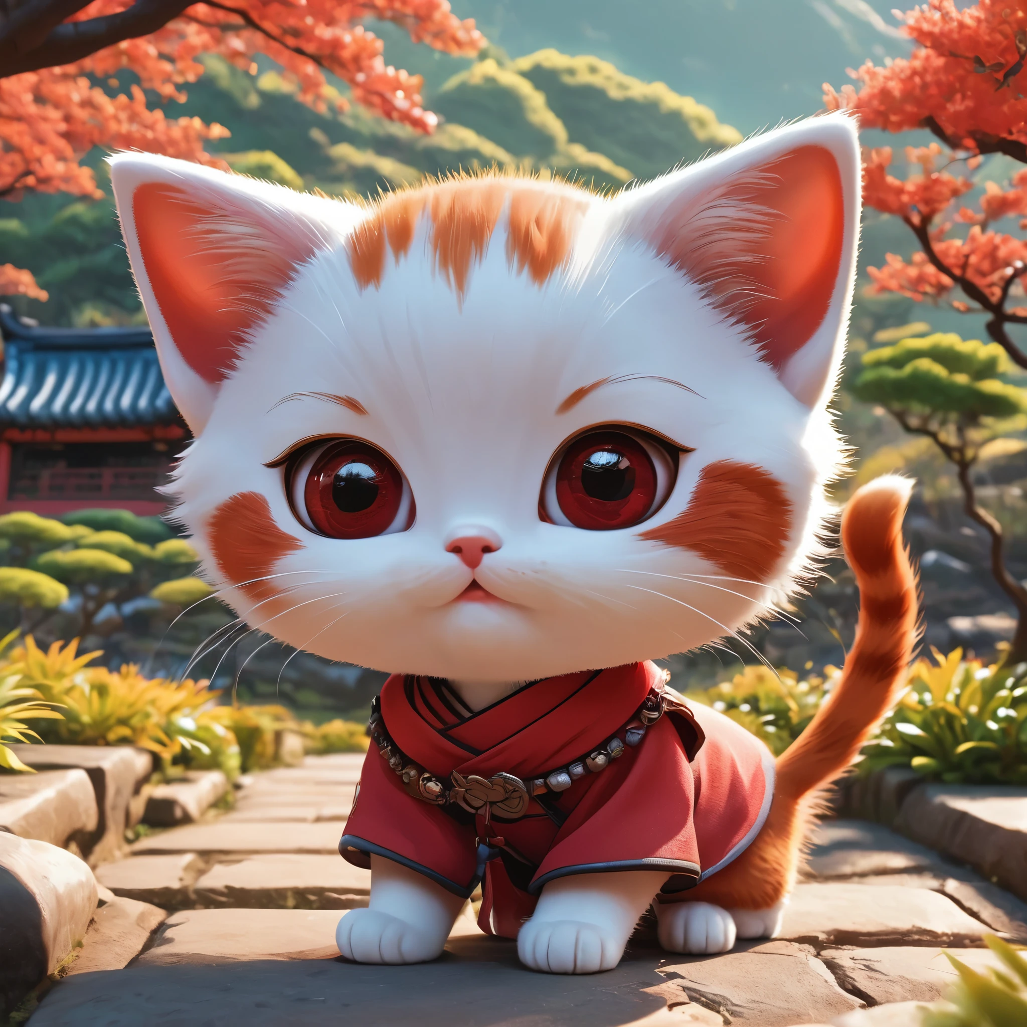 ((cartoon《Red Cliff》style)), Looks cute in the park、Kitten has cute eyes, Dynamic Angle, Depth of Field