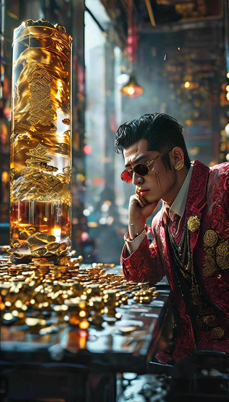 A Yakuza member counting stacks of yen, representing their economic influence, gold skin, gold effects, detail, shot, dramatic, daylight, indoor studio lights, medium shot , highly detailed, vibrant, detailed textures, medium shot, ultrawide, full length shot, realistic, bright, ultrarealistic, realistic focus face, bright scene, city, 8k ,hyper realistic, ultra detailed hyper realistic, photorealistic, Studio Lighting, reflections, Cinematic, historical accuracy, Color Grading, Photography, Shot on 50mm lens, Depth of Field, hyper-detailed, beautifully color, 8k