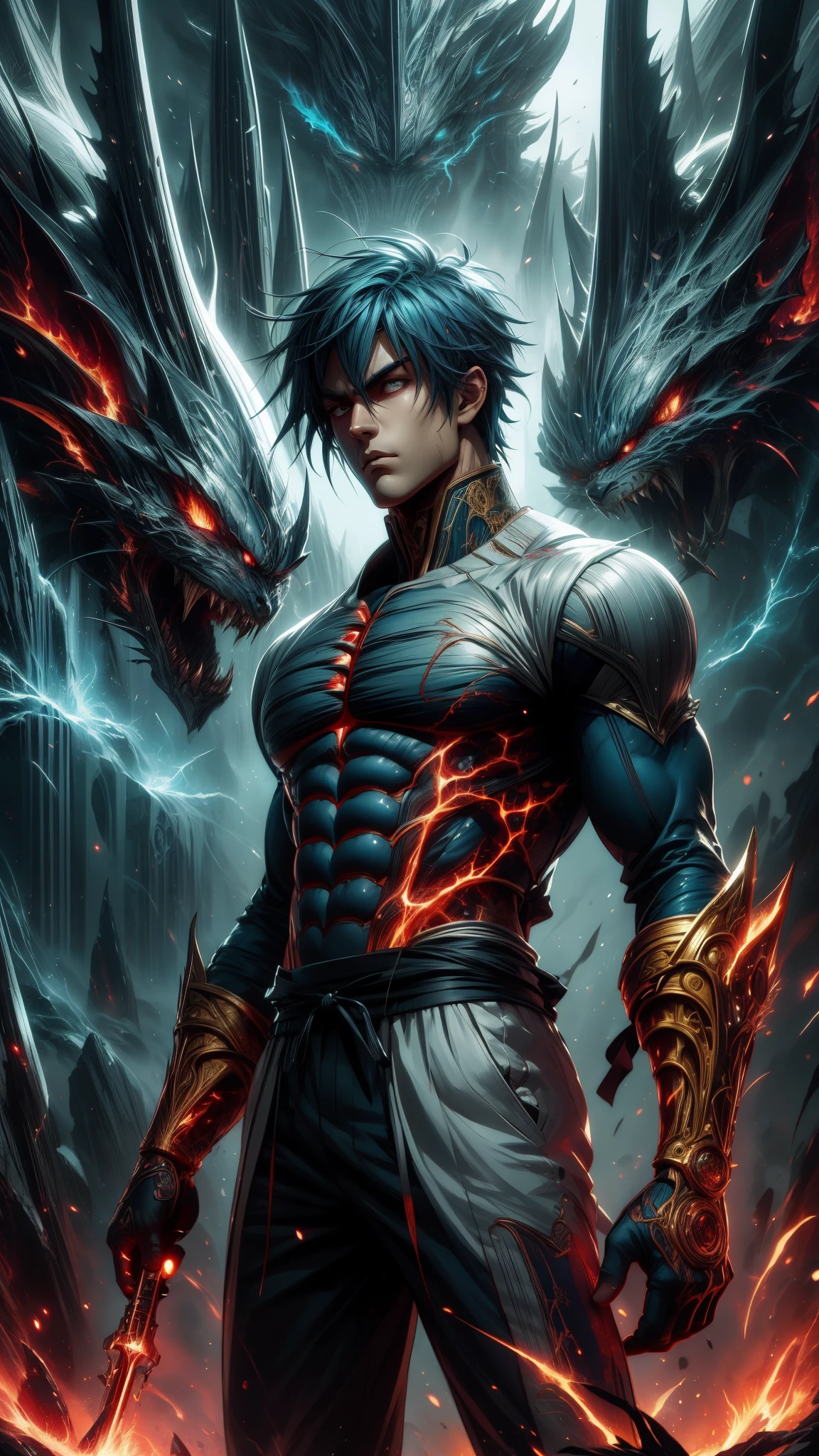 (Aesthetic, Hi-Res: 1.2), Get ready for a visual feast with Vegito 20 years old, solo, brilliant blue hair and tattoos, a creature with a handsome face and piercing golden eyes. In his transformed state, he radiates extreme instinct and power, creating an epic anime about this man of energy. See how he manipulates fire and lava in stunning anime artwork that will blow your mind. This concept art is straight from the Bleach Universe, with manga-style 8k wallpapers that will transport you to another dimension. Get ready to be amazed by this detailed piece of digital anime art, showcasing the ultimate combination of style and power.