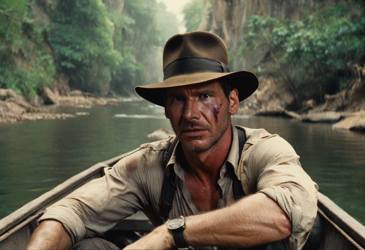 Indianajones Person inside a boat on a river. jungle background, Sideshow, eerie moody, iconic hat, film grain movie scene.