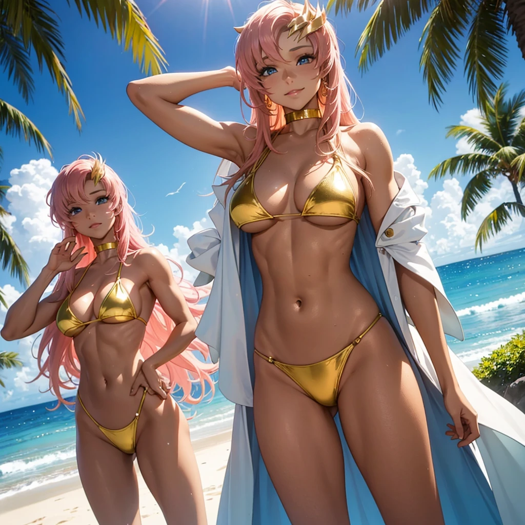 Masterpiece, high-definition art, 16K UHD,
standing,
Tropical beach setting, 4 women, four-piece, playful, flirty, confident, posing seductively, sex symbol, attractive, slender, muscular, toned physique, micro bikini, Ahegao Double Peace, group of exotic beauties, twinkling eyes, vibrant smiles, sun-kissed skin, golden tans, long, wavy hair, playful poses, flaunting their bodies, catchy music playing in the background, swaying palms, ocean waves in the distance.

Each woman wears a different style of micro bik