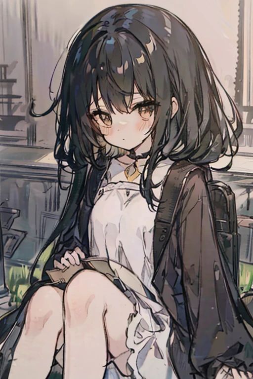 A black haired woman with brown eyes with an hourglass figure in a cute lolita dress is blushing in a cemetery