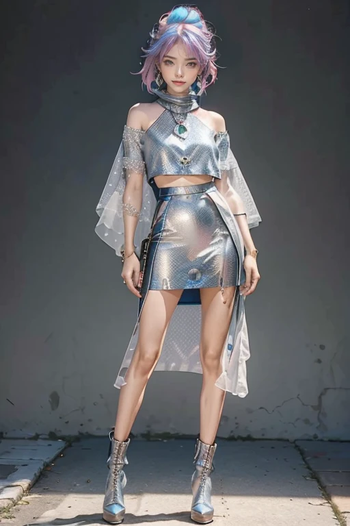 highest quality, Very detailed, masterpiece, Two women posing,(((Perfect female body))),Very beautiful face, Very beautiful body,Gentle expression, Very beautiful eyes,(Perfect Makeup:1.1),Fashion Model,pop punk fashion, Mullet Cut,Shaggy Hair,pink and blue hair:1.3, very thin body,Smart Abs,((Monogram pattern:1.3)),Various gradations,Fishnet blouse,Long pencil skirt,LED Light,Two-tone high top boots,A kind smile,Full body portrait,(Cyber City:1.3), (Shiny skin),(Earrings),Elegant scarves,See-through long shawl,Liquid Metal,gas mask,