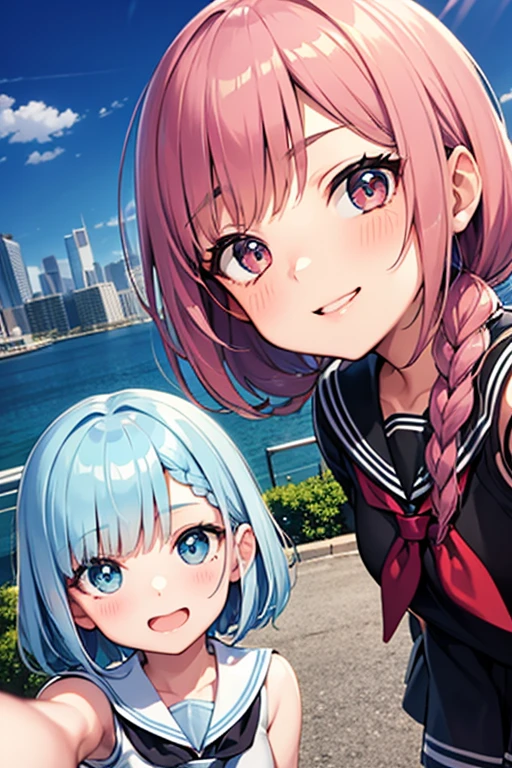 best quality、high resolution、Detailed background、(beautiful face,every detail:1.4)、Anatomically correct、Youthful and beautiful、Cute color hair color、braided ponytails、Braided Bob Cut、Trimmed eyebrows、dark sailor suit、White水手領、Pleated Skirt、White、in a joking way、A bright smile、Do cute things、campus trip、You can also take photos with famous landmarks and icons of your travel destinations.、(Three beautiful girls take a selfie with the world'The most famous tourist attractions in the background:1.5)