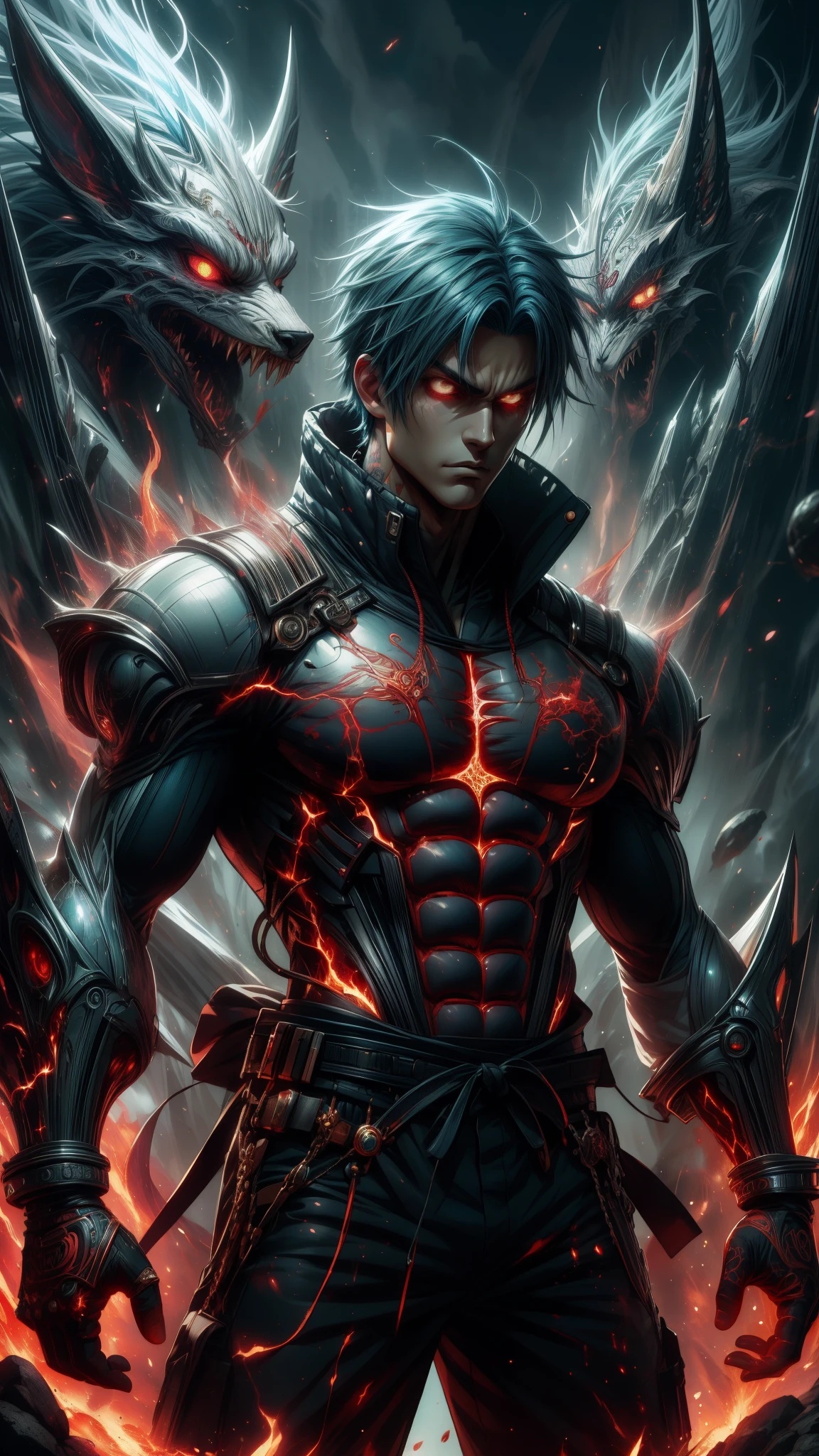 (Aesthetic, Hi-Res: 1.2), Get ready for a visual feast with Vegito 20 years old, solo, brilliant blue hair and tattoos, a creature with a handsome face and piercing golden eyes. In his transformed state, he radiates extreme instinct and power, creating an epic anime about this man of energy. See how he manipulates fire and lava in stunning anime artwork that will blow your mind. This concept art is straight from the Bleach Universe, with manga-style 8k wallpapers that will transport you to another dimension. Get ready to be amazed by this detailed piece of digital anime art, showcasing the ultimate combination of style and power.