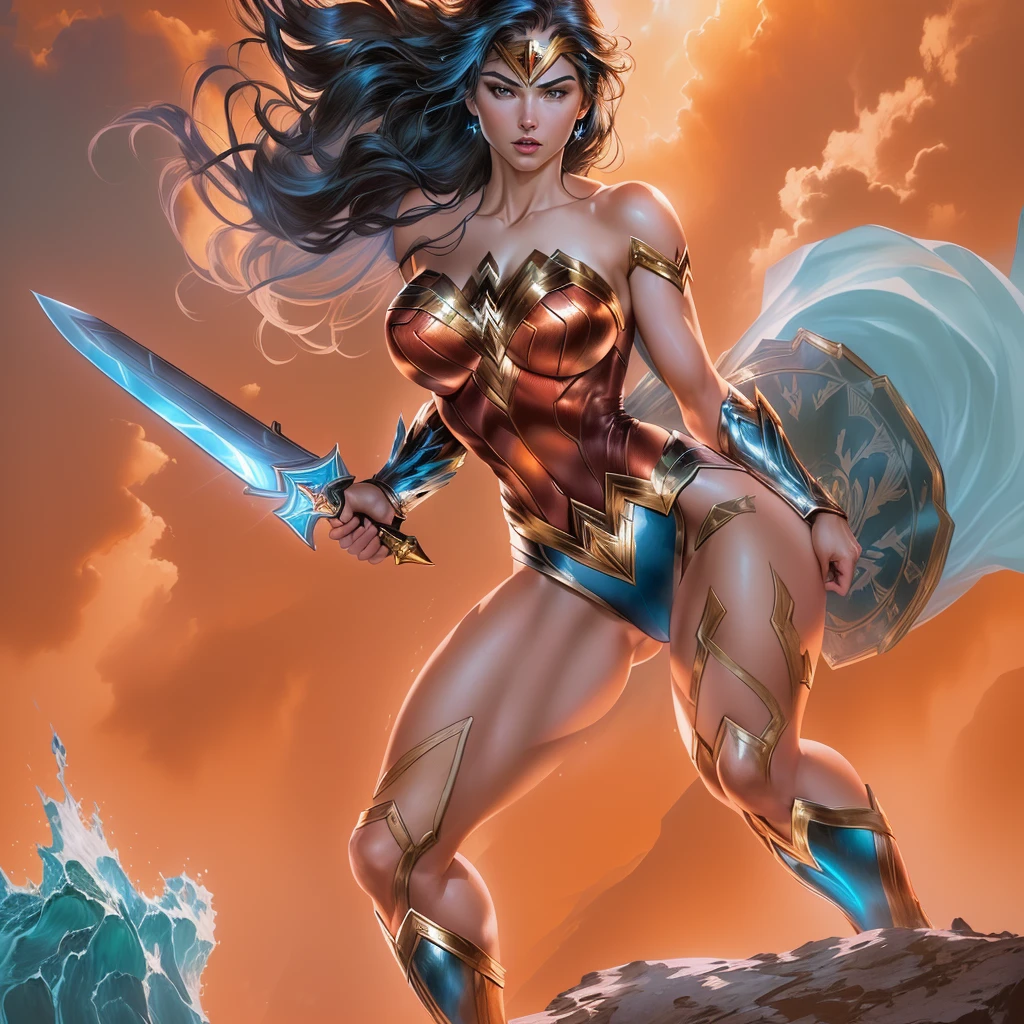 ((fantasy art)), action, heroism, grandeur, power, sensuality, dazzling shadows, expertly detailed, epic, powerful and profound. Wonder Woman from DC Comics is standing on a large rock, she is above us, we have a view from below, Wonder Woman is incredibly beautiful, slender, dynamic pose, action pose, knees slightly bent, she is holding a sword in her right hand and shield in her left hand, her legs are slightly bent, dynamic pose, battle pose, she stares at the camera, Her hair is very long and flowing. Full body, full body body. view from below, she is on top of a large rock, the waves crash against the rock she is standing on, it is raining. Style Jim Lee, Ed Benes, Ivan Reis, Frank Cho. ((best quality)), ((masterpiece)), (high resolution: 1.2), ((best quality)), ((masterpiece)), (high resolution: 1.2)