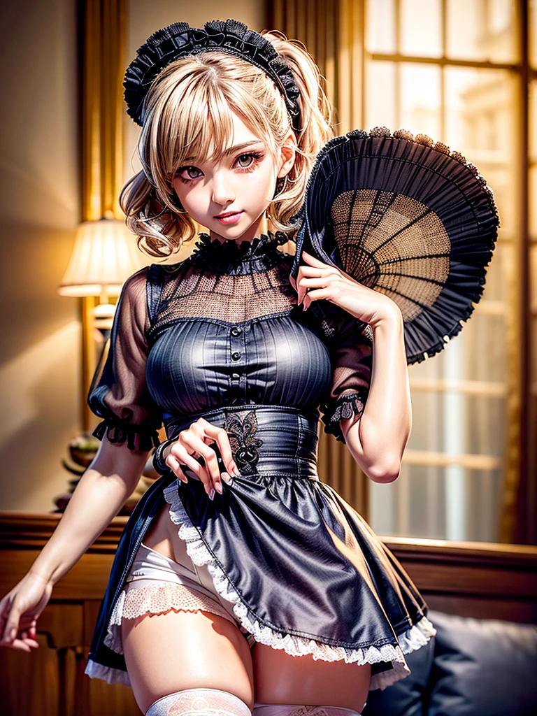 (8K, Photorealistic, Raw photo, of the highest quality: 1.3), (1girl in), Super beautiful, (Realistic face), (boyish, Silver Color Berry Shorthair), Beautiful , Glare that captivates the viewer, Beautiful expression, Beautiful breasts, (Realistic skin), Be...Super high quality, super high definition, super detailed, masterpiece, 20years old, female, cute, perfect face, beautiful, nice body, gothic lolita clothes, gothic lolita fashion, frilly skirt, headdress, necklace, bracelet, knee-high socks, boots, double eyelids, tear bags, Detailed down to the fingers, photo-like description, indoors, dim indoor lighting, blonde hair, pony tail, standing, whole body, composition that shows the whole body, smiling