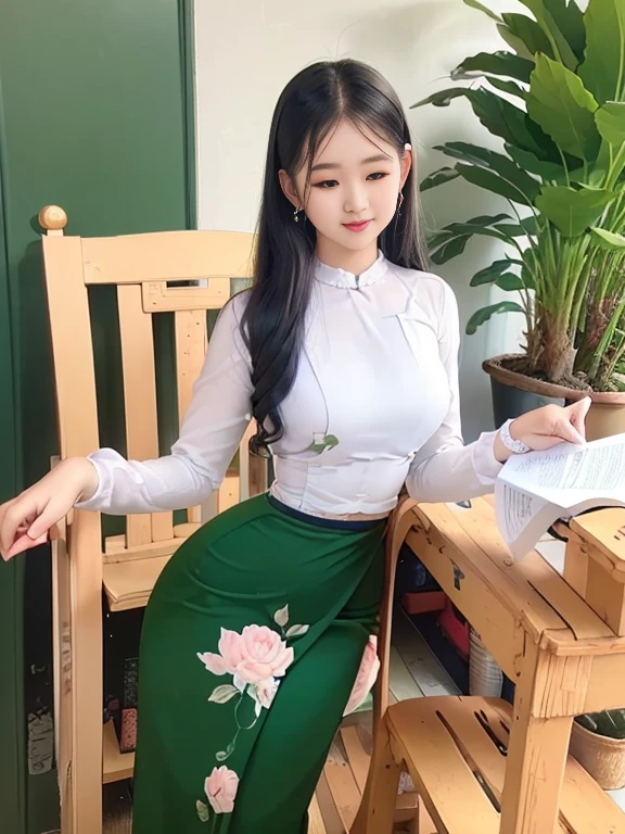 Burmese girl with attractive curvy full body. Friends full-length bikini, (green dress) reflective long dress painted with flower patterns, only dress. hi gh hips High resolution High resolution natural background High resolution HD 3D, 8K cartoon anime