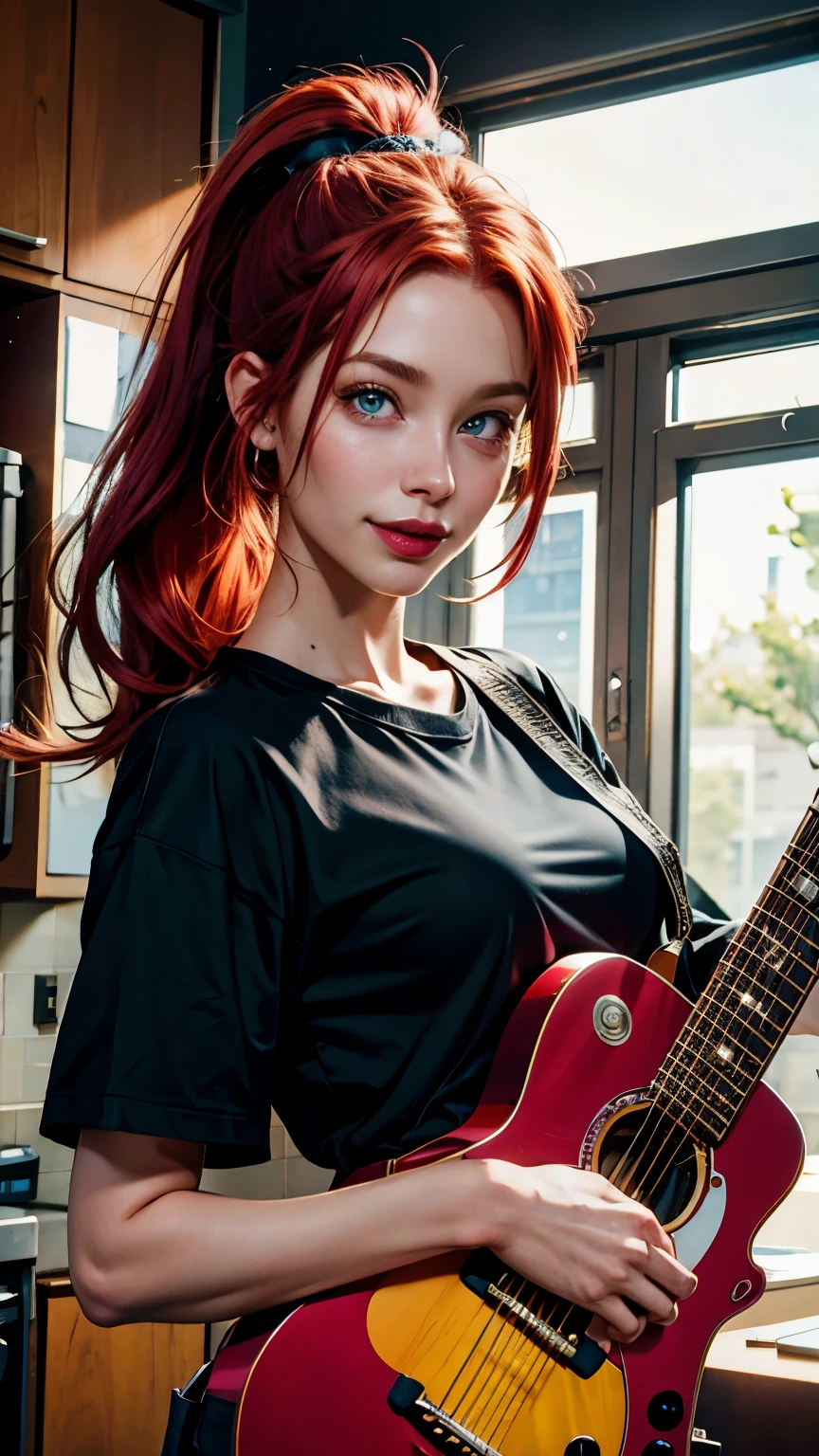 cargo pants, Loose red hair, blue eyes, beautiful woman, indoors, rings, pink lipstick, black t-shirt, woman, smile, Ponytail, 2000s, waist showing, guitar