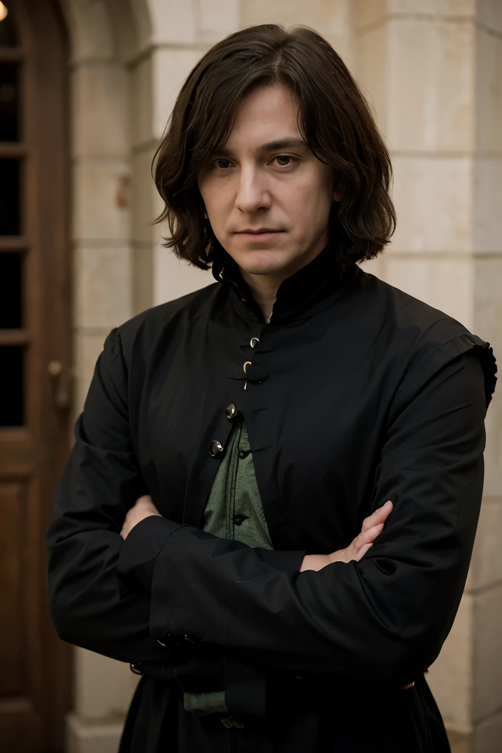 Desenhe o Professor Snape de Harry Potter usando uma roupa social preta, com detalhes em verde escuro, with arms crossed and serious expression.
