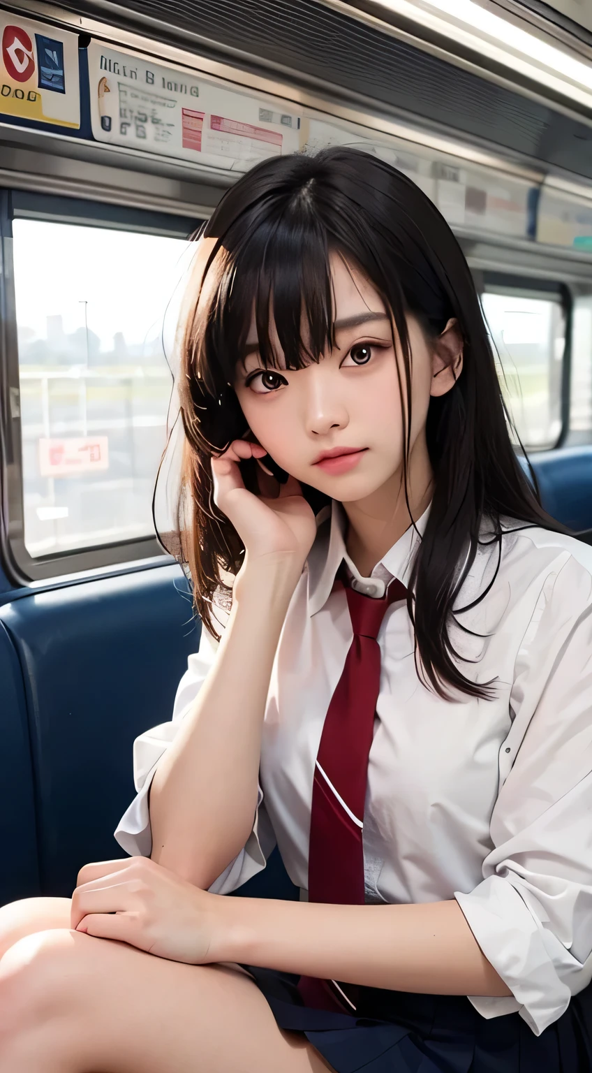 (Masterpiece, Best quality:1.2), 8K, 18year old, 85mm, official art, RAW photo,  White dress shirt, Pretty face, Close up, Upper body,  Beautiful girl, , (Navy pleated skirt:1.1), constricted waist, Thighs, short- sleeved, in the train, Sit on a bench seat, view the viewer, No makeup, (Smile:0.4), filmgrain, color difference, Sharp focus, facelight, clear lighting, Teenage uncensored, Detailed face, Bokeh background, (dark red necktie:1.1)