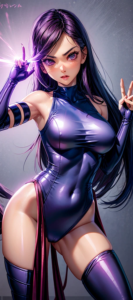 Psylocke is standing there with her face blushing and her mouth open.。