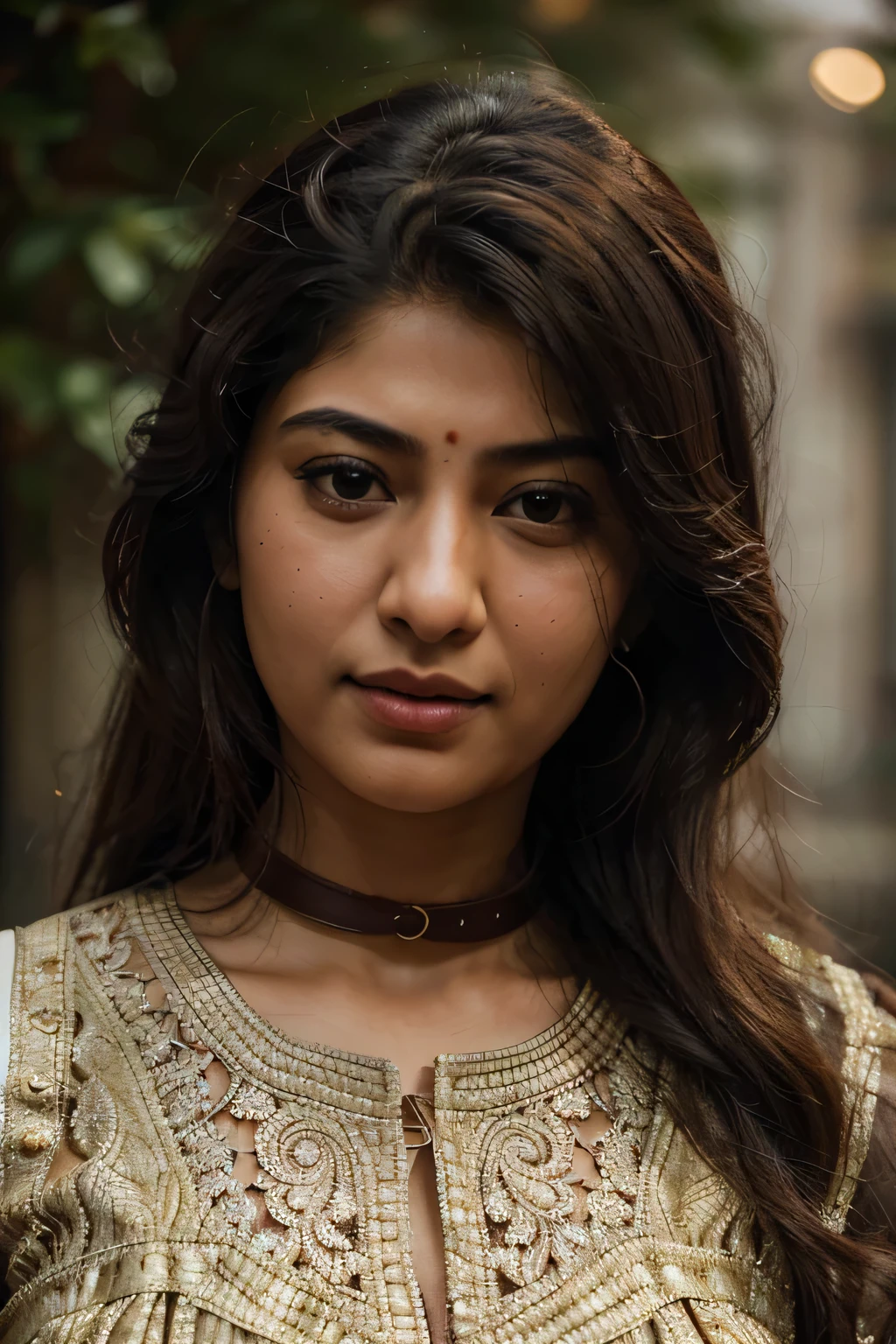 ultrarealistic hires close up photo of a 30-year-old sai pallavi woman, outdoors, realistic skin texture, looking looking at camera, high collar intricate (salwar_kameez_chunni:1.2), beautiful bokeh background