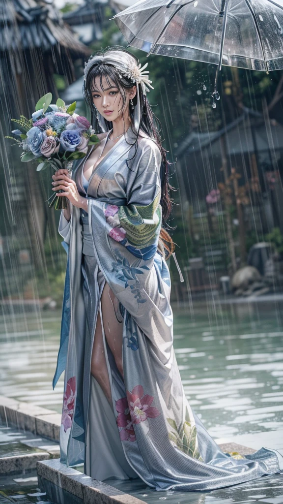 (RAW shooting:1.5, Photorealistic:1.5, 16k, highest quality, masterpiece, Ultra-high resolution), (heavy snow), Perfect dynamic composition:1.3, (On a cliff on a precipitous cliff, Great background, Expressions of sadness:0.9), Highly detailed skin and facial textures:1.3, Wet slim woman:1.2, Buckshot, Fair skin:1.2, Mysterious portrait:1.1, Incredibly slim body:1.2, aesthetic:1.1, Very beautiful face:1.2, Water droplets on the skin, (Rain dripping down on my body:1.1, Wet body:1.1, Wet Hair:1.1), (Professional kimono dressing:1.1, With a wet bouquet:1.2, The correct way to wear a wet silver kimono:1.3), (Shapely breasts, Chest gap), (Beautiful erotic eyes:0.8, Beautiful, erotic lips:0.8), (Too erotic:0.9, Fascinating:0.9), necklace, Earrings, bracelet
