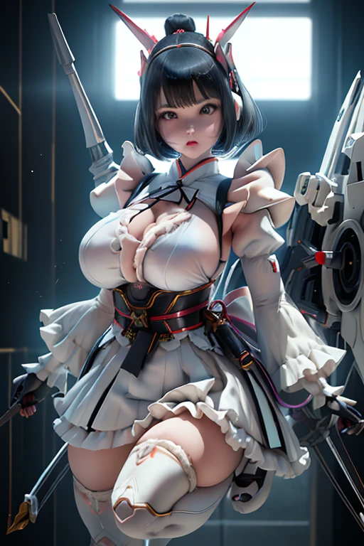 (highest quality)), ((masterpiece)), (Very detailed: 1.3), 3D, {(Young girl)}, Wearing a white frilly Gothic ta outfit, (She is fused with a Gundam mecha from the future..), With headgear, With V-fin , Armored Shoulders,Armed, Armor at the feet, Multi-layer texture perfect ratio, Octane Rendering, Duotone Lighting, Low ISO, wide aperture, White balance, Three-part method, Ultra HD 16k, High resolution (High Dynamic Range), Ray Tracing, NVIDIA, Super Resolution, Scattered under the surface, PBR Texturing, Post-processing, Anisotropic Filtering, Written boundary depth, Maximum clarity and sharpness, Highly efficient subpixels, Subpixel Convolution, Particles of light, Scattered Light, Tyndall effect, whole body:1.5, Combat pose, cute, (cute:1.2), (Bobcut:1.3),Braiding, Black Hair, Thick eyebrows, Pale-colored iris, big, Bright black eyes, Long eyelashes, small, Bright colors, Natural lips, (The average face of a Japanese idol), (日本人特有のBaby Face:1.3), (Baby Face), Wide forehead:1.2, Plump Cheeks, small jaw, Visible side boob, (Has a huge weapon:1.5), In the Hangar,View your audience,Focus on the eyes , (Four perfect fingers, One thumb),