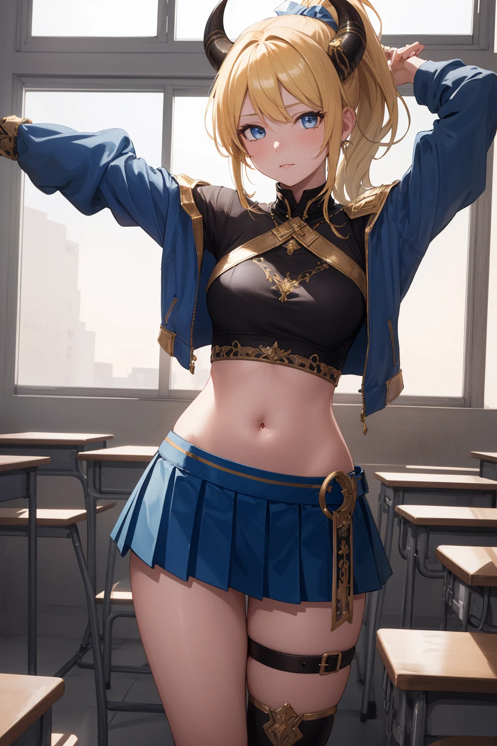 Eliase, catalyst, Yellow Hair, blue eyes, ponytail, Hair Ribbon, Mid-chest,
break blue skirt, Braces, Circlet, Crop top, Dancer, Removable sleeves, fake horn, Gladiator Sandals, Gold Footwear, Gold border, horn,
break looking at viewer,Are standing, Leaning forward, (Put your arms behind your back:1.2),
break indoors, classroom, 
break (masterpiece:1.2), highest quality, High resolution, unity 8k wallpaper, (figure:0.8), (Beautiful fine details:1.6), Highly detailed face, Perfect lighting, Highly detailed CG, (Perfect hands, Perfect Anatomy),