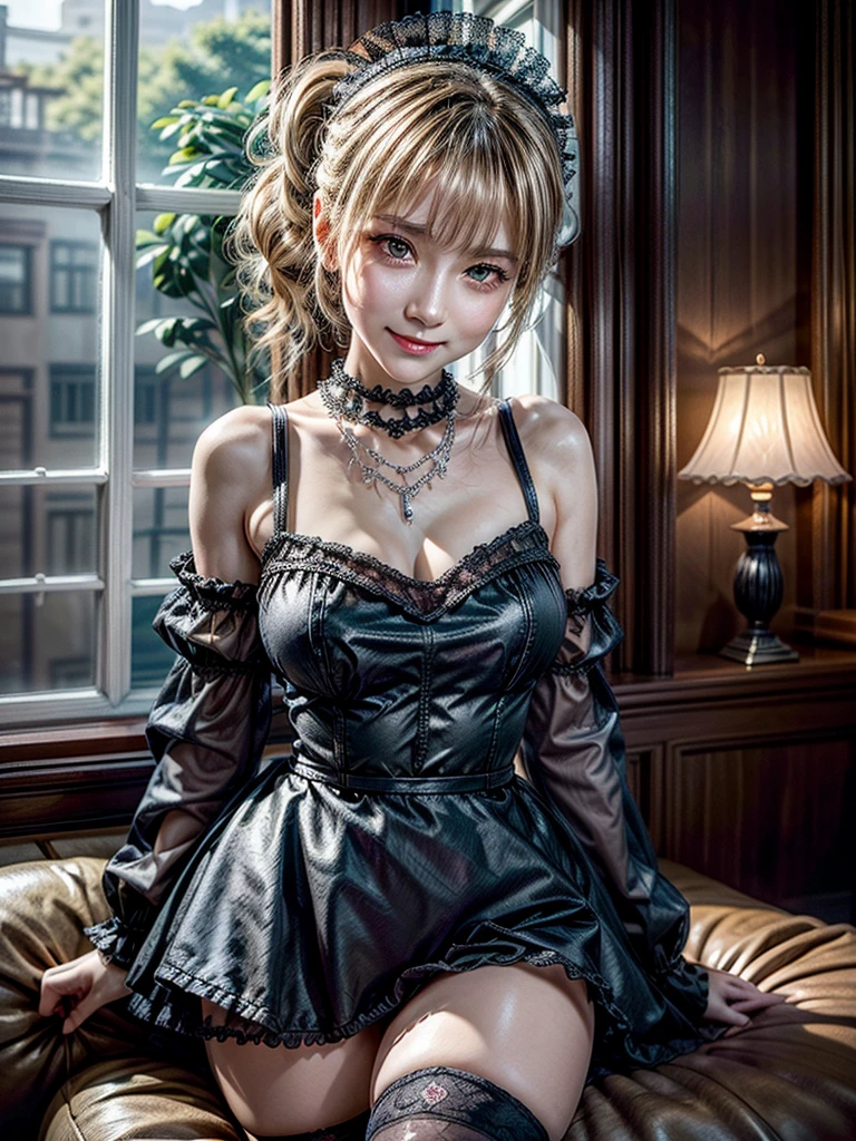 (8K, Photorealistic, Raw photo, of the highest quality: 1.3), (1girl in), Super beautiful, (Realistic face), (boyish, Silver Color Berry Shorthair), Beautiful , Glare that captivates the viewer, Beautiful expression, Beautiful breasts, (Realistic skin), Be...Super high quality, super high definition, super detailed, masterpiece, 20years old, female, cute, perfect face, beautiful, nice body, gothic lolita clothes, gothic lolita fashion, frilly skirt, headdress, necklace, bracelet, knee-high socks, boots, double eyelids, tear bags, Detailed down to the fingers, photo-like description, indoors, dim indoor lighting, blonde hair, pony tail, standing, whole body, composition that shows the whole body, smiling