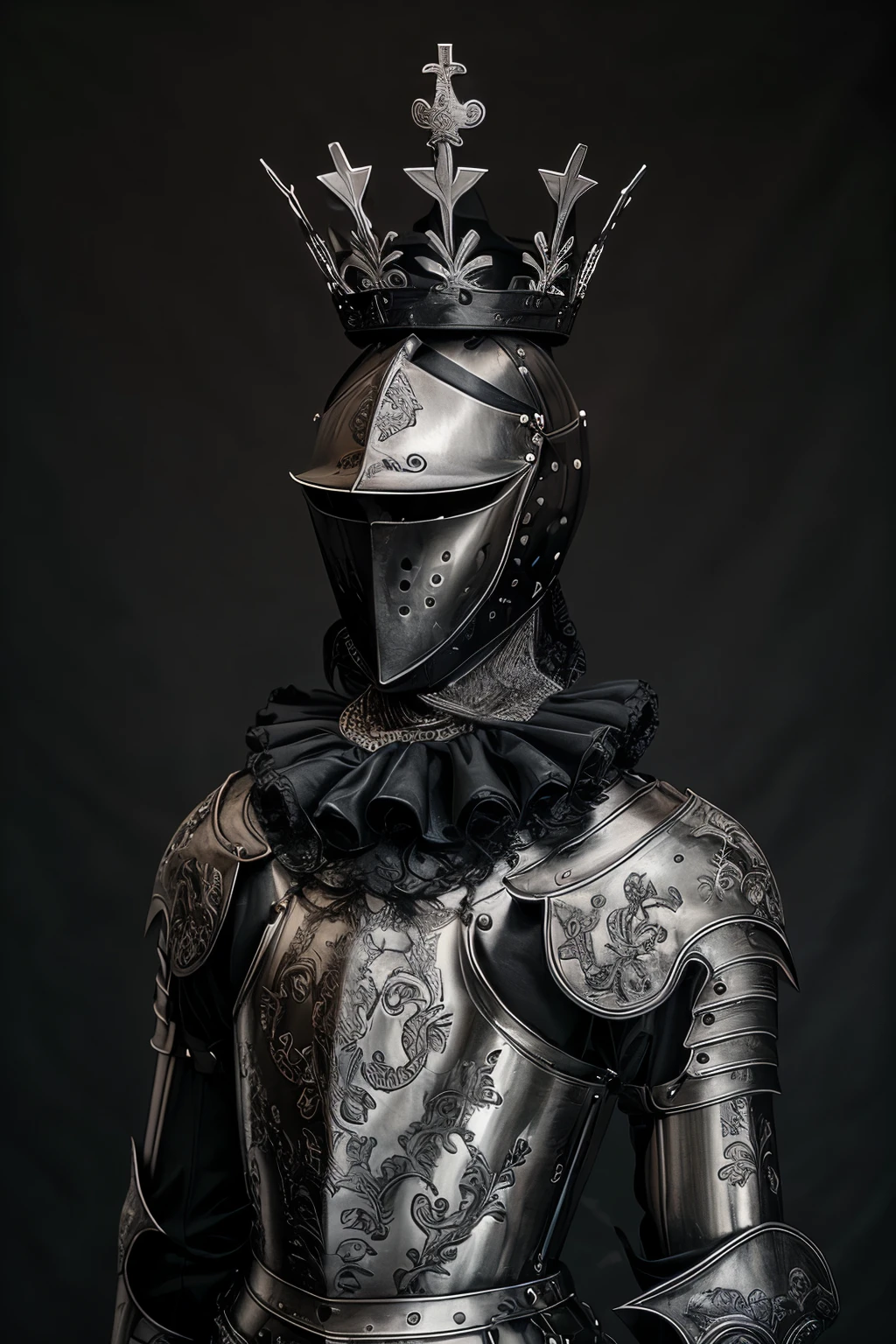 (1girl:1.3),LaceArmor, armor, helmet, solo, shoulder armor, upper body, 1other, helm, pauldrons, full armor, breastplate, knight, crown, ambiguous gender, monochrome, greyscale, facing viewer, gauntlets, ascot, black background, chainmail
