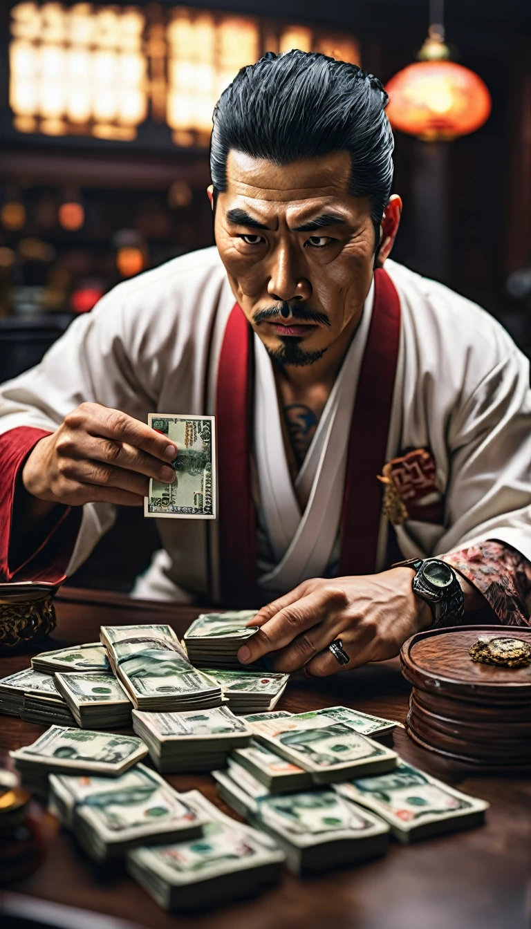 A Yakuza member counting stacks of yen, representing their economic influence, detail, shot, dramatic, daylight, indoor studio lights, medium shot , highly detailed, vibrant, detailed textures, medium shot, ultrawide, full length shot, realistic, bright, ultrarealistic, realistic focus face, bright scene, city, 8k ,hyper realistic, ultra detailed hyper realistic, photorealistic, Studio Lighting, reflections, Cinematic, historical accuracy, Color Grading, Photography, Shot on 50mm lens, Depth of Field, hyper-detailed, beautifully color, 8k