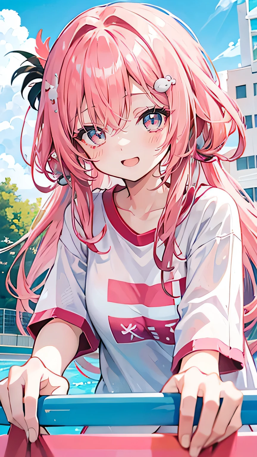 Coral pink hair，Long hair，hair over one eye，Gray eyes，feather hair ornament，cute，Girl，Laughing expression，，Happy and happy expression，White shirt，Japan gym clothes，Sit or stand on a swimming ring，whole body，Don't show your arms，The background is the swimming pool，Blue sky and white clouds