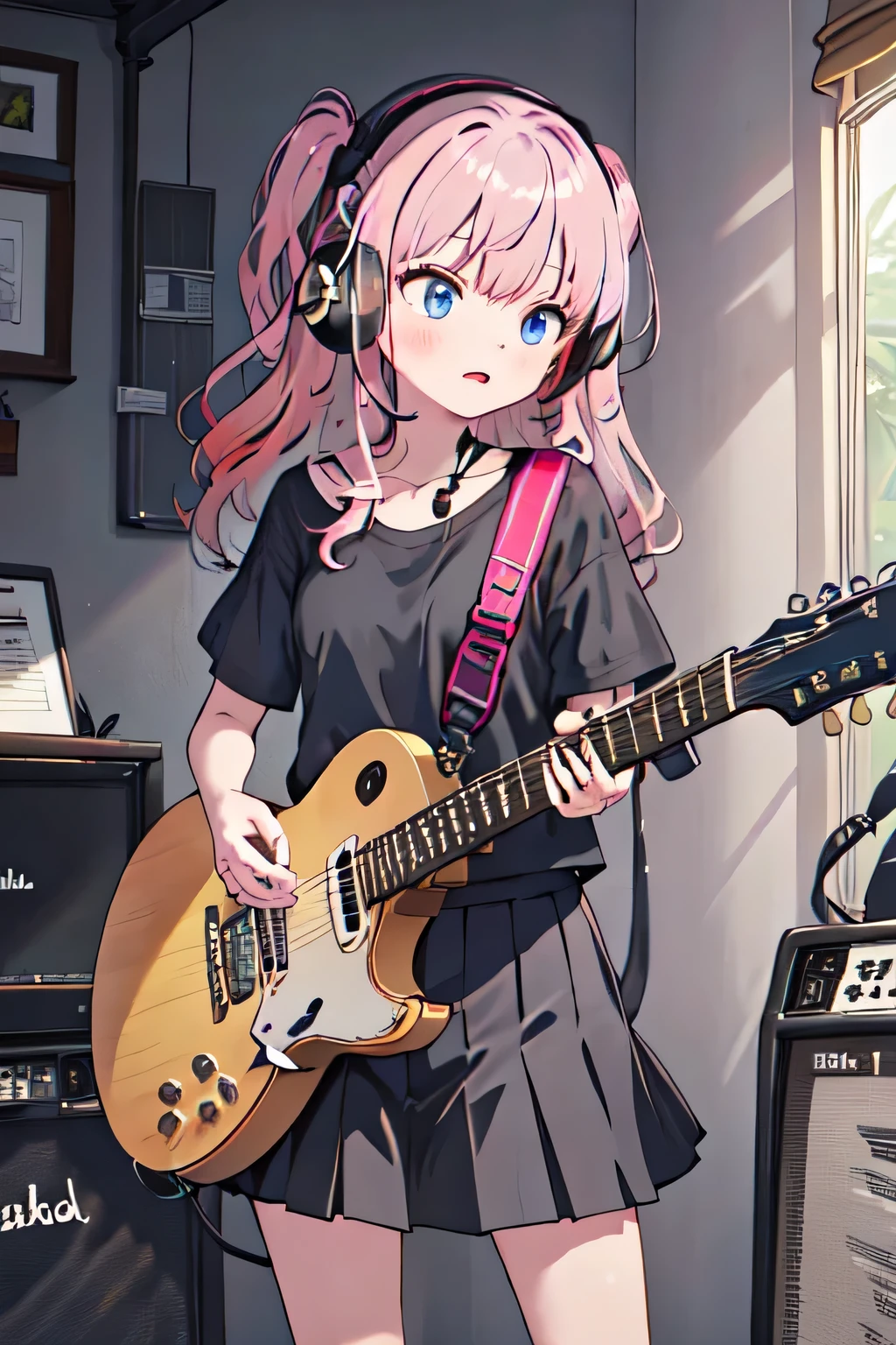 ((masterpiece,best quality))1girl, solo, black skirt, blue eyes, electric guitar, guitar, headphones, holding, holding plectrum, instrument, long hair, , music, one side up, pink hair, playing guiter, pleated skirt, black shirt, indoors