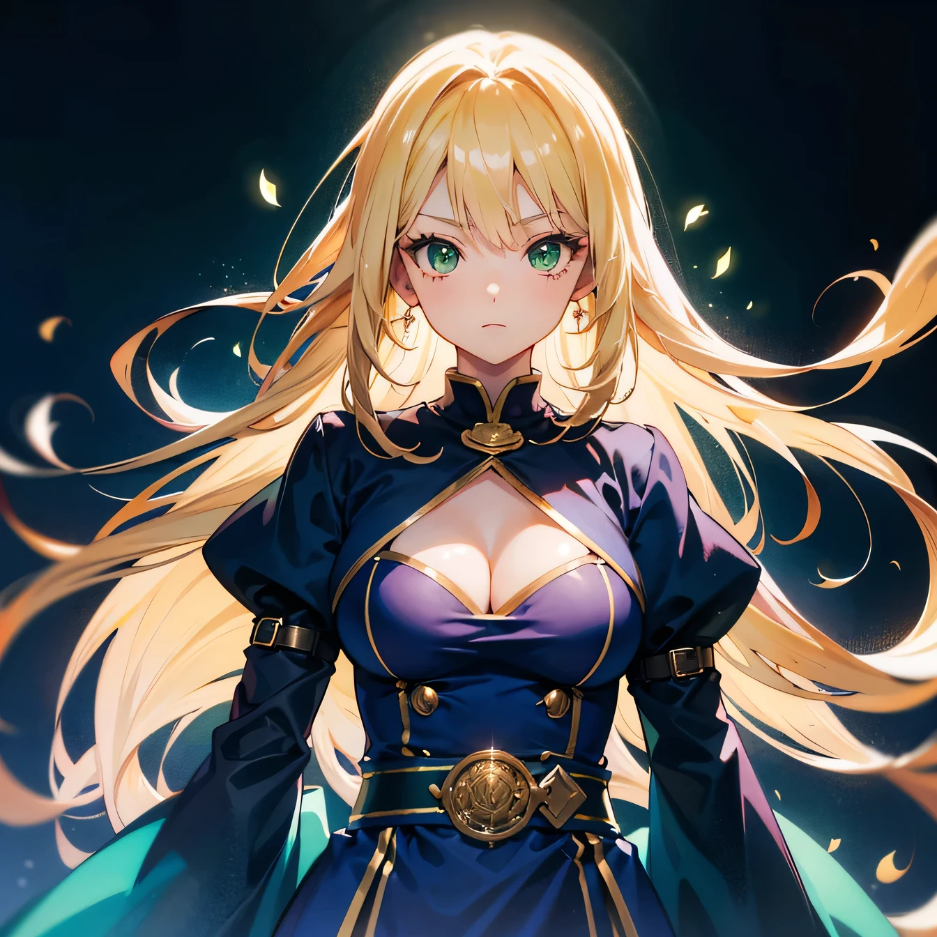 Anime Moe Art Style,highest quality,High resolution,Anatomically correct,One Woman,Middle-aged woman,40 years old,Blonde,Super long hair,Straight Hair,Green Eyes,Super detailed,Fantasy Style,Court Magician,Navy blue robe,Medium sized breasts,Cool look,Focus on the upper body,Beautiful posture,8K