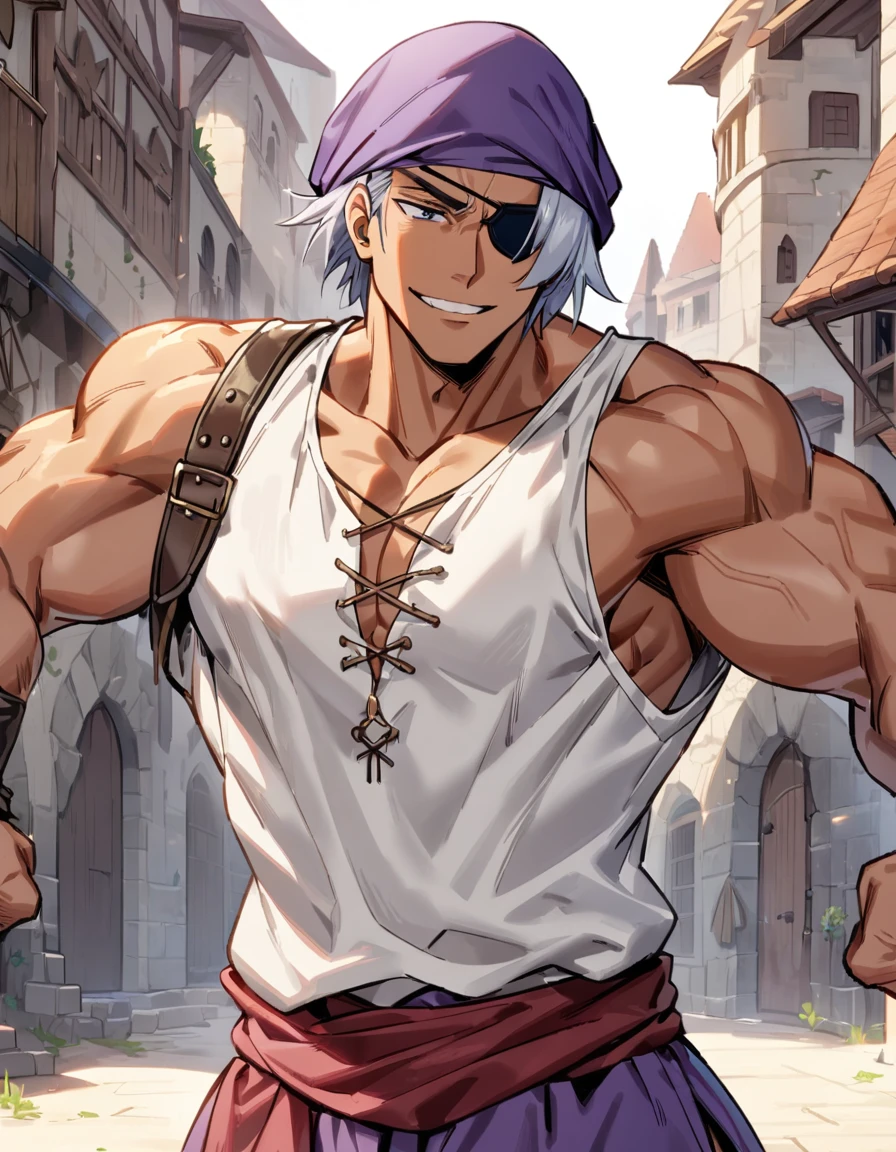 1man, muscular mature, pirate, green headscarf, gray hair, headscarf with asymmetrical bangs, blue 1eye, black eyepatch, short hair, tanned skin, tough, ordinary, forehead, asymmetrical medium bangs, BREAK solo, red waist cloth, purple arabian pants, white sleeveless shirt, loose fitting shirt, tented shirt, medieval, soft smile, in jrpg style, 1990s, masterpiece, best quality