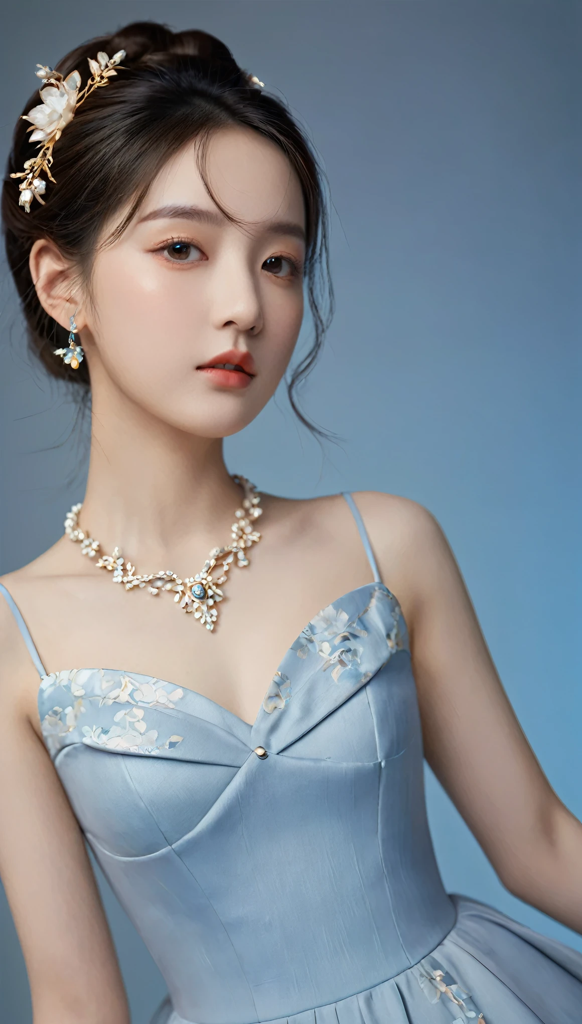 best quality, masterpiece, high resolution, 1 Girl, Porcelain dress, Hair accessories, necklace, Jewelry, Pretty Face, Body, Tyndall effect, Practical, Shadow Studio, Edge lighting, Two-tone lighting, (High Detail Skin: 1.2), 8K UHD, DSLR camera, Soft Light, high quality, Volumetric Light, , photo, high resolution, 4k, 8K, Background blur,