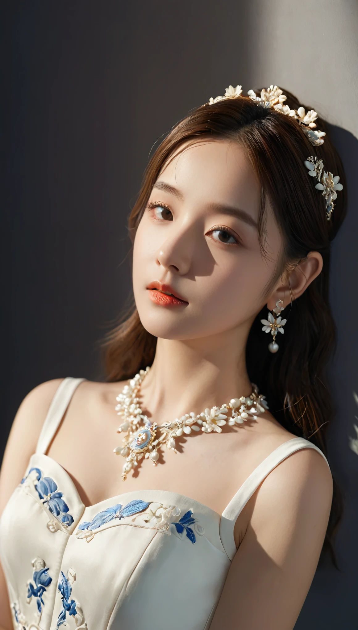 best quality, masterpiece, high resolution, 1 Girl, Porcelain dress, Hair accessories, necklace, Jewelry, Pretty Face, Body, Tyndall effect, Practical, Shadow Studio, Edge lighting, Two-tone lighting, (High Detail Skin: 1.2), 8K UHD, DSLR camera, Soft Light, high quality, Volumetric Light, , photo, high resolution, 4k, 8K, Background blur,