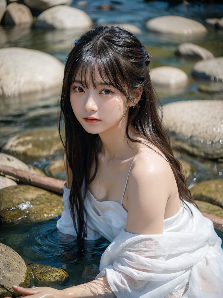 (highest quality, 32k, High resolution, Masterpiece:1.5, ), marimo_jet, god々A photograph with brilliant dazzling and healing power., Evoking a sense of calm and elusive beauty, Expressing emotions, Have a rich imagination,Beautiful Japanese Girls, An exceptionally beautiful face, Small Face Beauty, ((Profile looking up at the sky:1.2)), Perfect Human Anatomy, Magical big eyes, Motherhood and generosity, Deep Love, fleeting smile, shiny wet black hair, Super Long Straight Silk Hair, Asymmetrical bangs, Hair between the eyes, Transparent, soft white skin, Sharp eyebrows, Thin lashes, Natural Makeup, Cheek highlighter, Pale pink detailed lips, , ((Wet white t-shirt:1.2)), Slim figure with ample breasts, High resolutionの美しい太もも, ((Ancient ruins submerged in a blue lake:1.3)), ((It rains:1.2)), ((Background of light shining through a gap in the cloudy sky:1.3)), Dazzling Sun, Professional Lighting, Professional photographer, Professional models, God&#39;s Secret