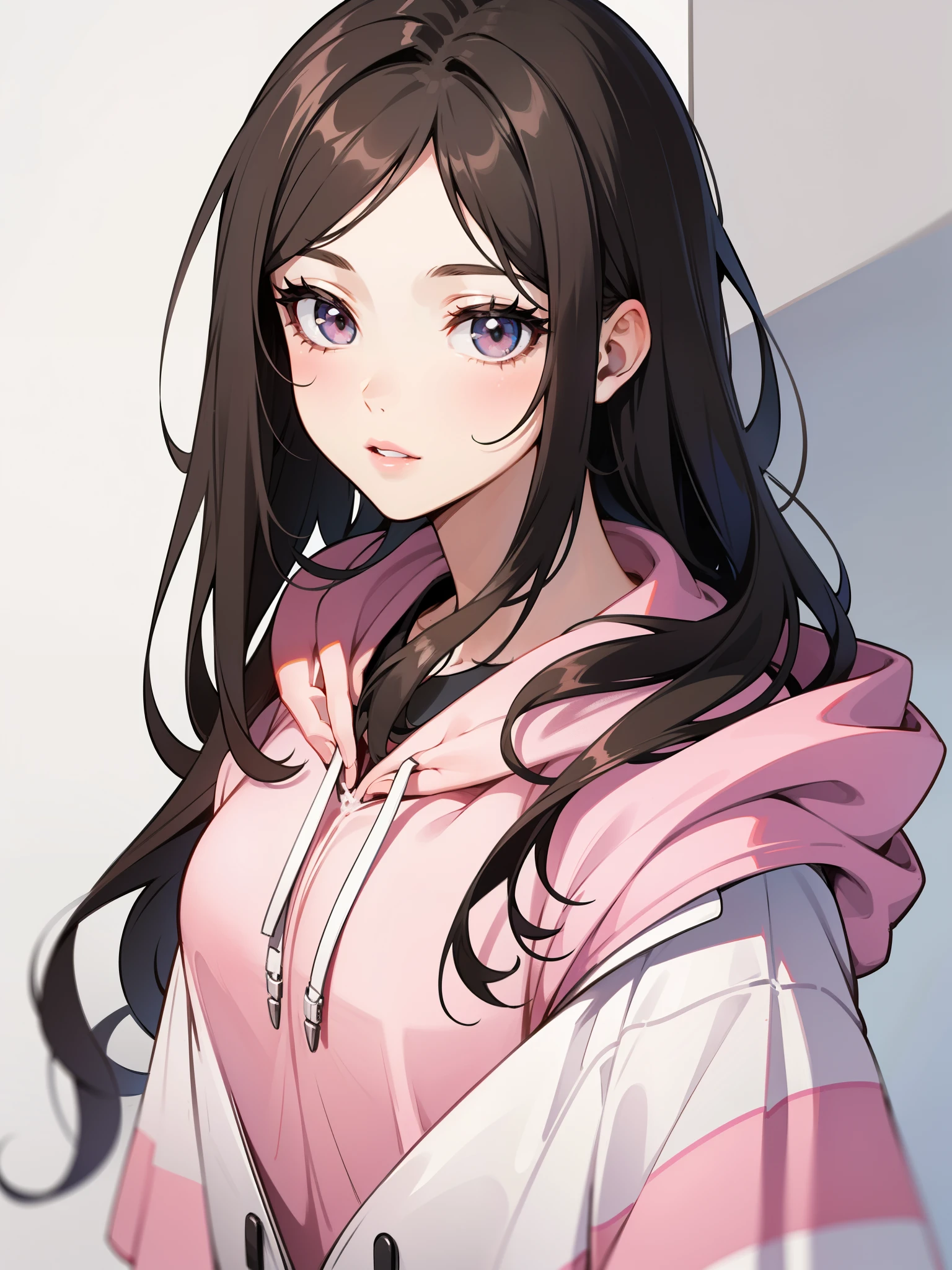 Girl, long straight brown hair, sharp gray eyes, sharp features, white skin, pink lips, hoodie for girls