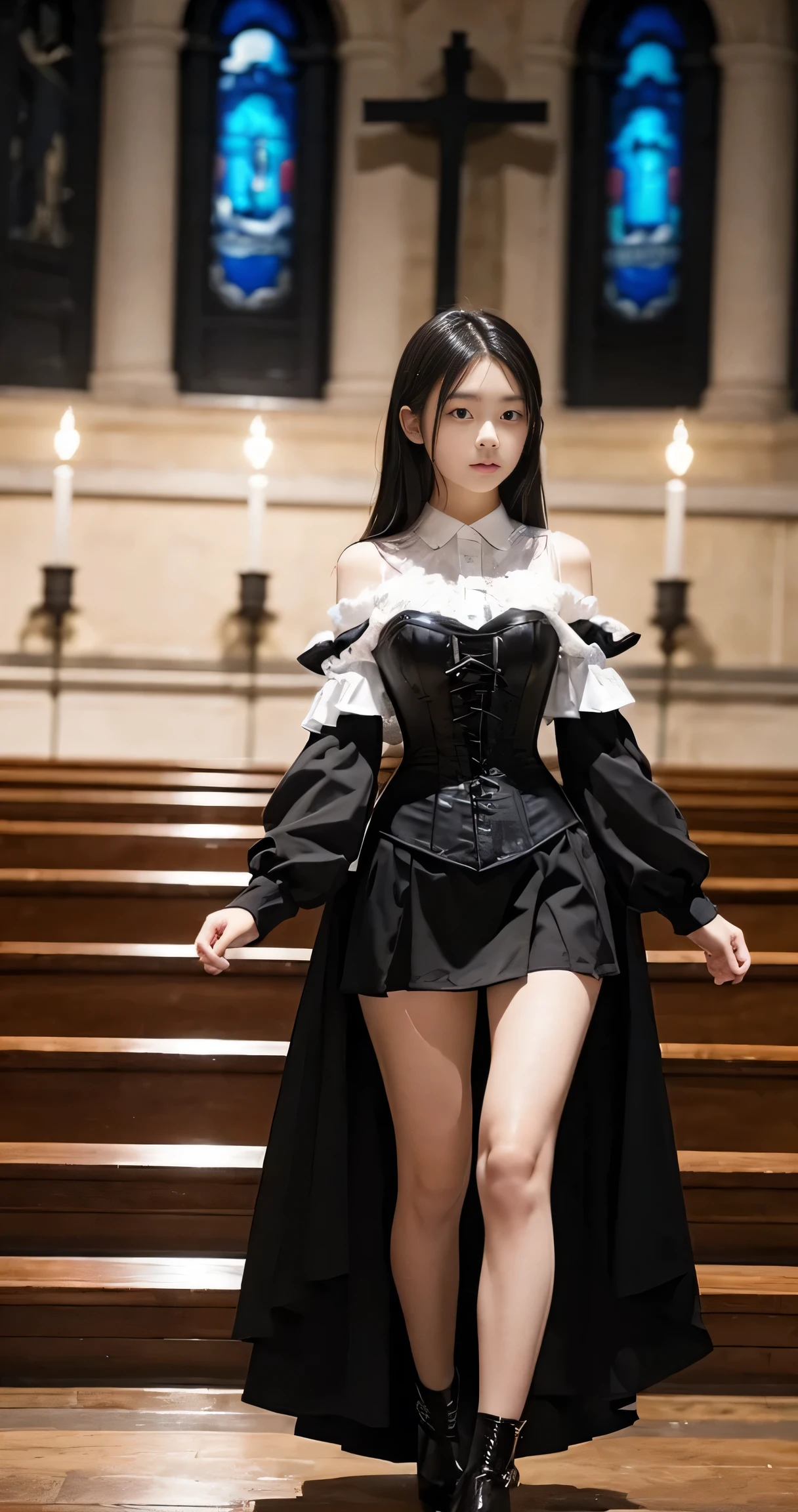 church at dusk、With a girl：Her hair is black and long、((Full Body Shot))、14 years、Small face、Watery eyes、Natural Makeup、((Look straight at your audience))、A light smile、Her face is round and cute、((Upper body enamel corset))、((A steel chastity belt around the lower body))、(Chapel、With a girl:1.3)、scene：There is a beautiful scene in the background.、The world of cinema lighting、It&#39;What a wonderful atmosphere!。The scene expresses the imagination and sensibility of the girl、Pubic hair shows completely naked pubic hair) ,more_become close:1.5, (More and more_become close:1.9)、(((The steel chastity belt between her legs was real..、It will be locked with a small padlock.:1.1)))、Esbian all over、Full Body Shot、Black knee-high fishnet stockings、Red patent leather high heels、I&#39;Put one foot in front of the other、Neck Corset、((Transparent see-through cardigan:1.1))