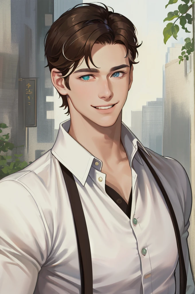 masterpiece, best quality, realistic, 1man, mature man, muscular tall, handsome, smile, closed mouth, portrait, extremely detailed face, (short hair), (brown hair), (heterochromia in eyes)